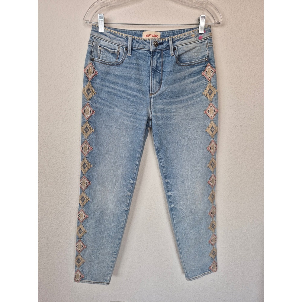 Driftwood Gizelle Embroidered Skinny Jeans Light Wash‎ Blue Boho Denim Size 27